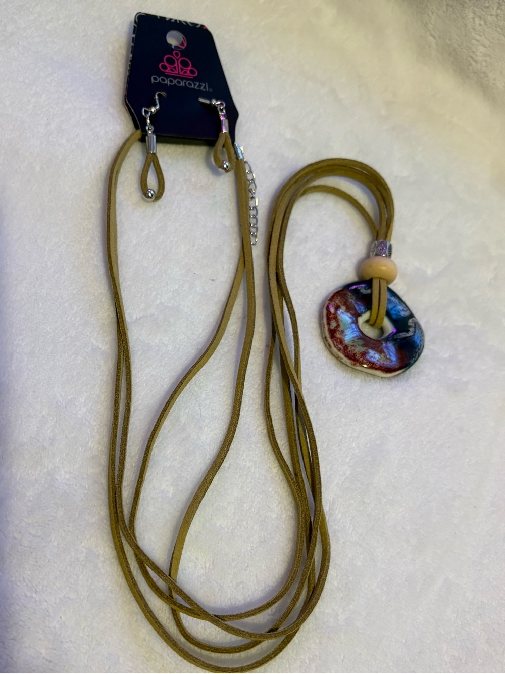paparazzi Tan Suede Cord Necklace with Multicolor Glass Pendant and Earrings